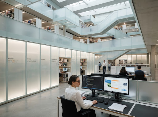 Scientific publishing academic archives and XML data transformation concept, minimalist architectural library with translucent frosted glass panels and sleek modern geometry, clean Swiss studio aesthetic
