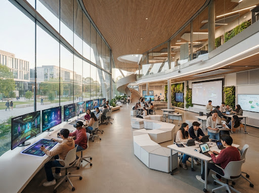 Modern university futuristic architecture and gamified digital learning laboratory, pristine clean glass, warm minimalist geometric space, soft ambient natural lighting