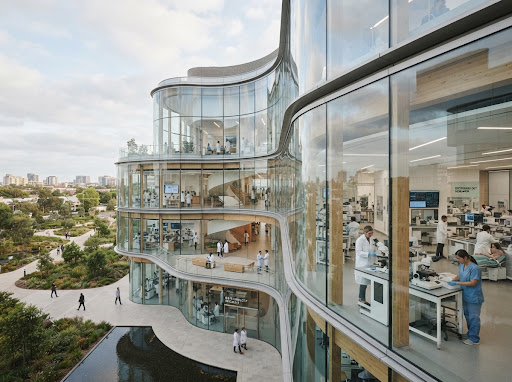 Healthcare and social sector technology: minimalist modern medical research glass architecture, soft pristine lighting, organic and structured geometry representing human care and biotechnology