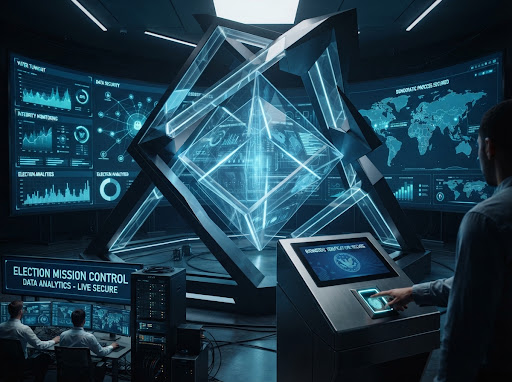 Electoral technology and mission critical data analytics: high-tech biometric voting or democratic ballot security concept, abstract glass prism and dark sleek geometric structure with soft blue accent glow