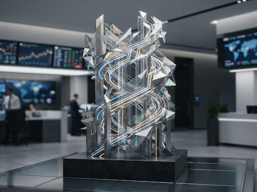 Web3 Fintech blockchain algorithmic trading: abstract ultra-modern architectural sculpture of titanium and optical glass, refined institutional trading financial technology aesthetic, studio lighting